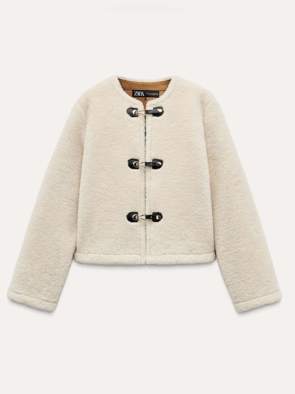 NEW Zara Cream Faux Shearling Coat with brown buckles